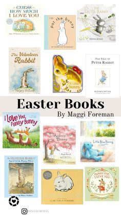 easter books for children with the title overlaying them in black and white text