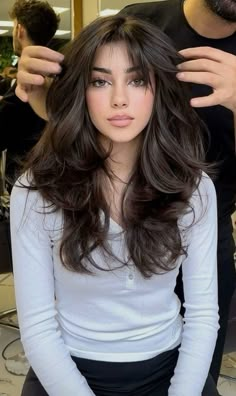 V Haircut For Long Hair With Layers Front View, Flat Hair With Layers, A Line Long Haircut, Layered Hair For Medium Long Hair, Hair Inspo 90s Layers, Curled Side Bangs, Mikayla Nogueira Hair, Mis Length Haircut With Layers, Layer With Bangs Haircut