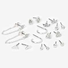 Look trendy in a classic silver set of hoops & studs! This set of earrings includes studs & drops, with faux crystals. Finish: Silver-tone Closure: Post back Pack Size: 9 Material: Metal - Claire's Silver Fancy Crystal Mixed Earrings - 9 Pack Silver Stud Earring, Silver Earrings Pack, Cute Earrings Aesthetic Silver, Silver Earrings Aesthetic Simple, Mixed Earrings, Silver Earrings Aesthetic, Silver Earring Set, Earrings Silver Studs, Silver Earrings Set