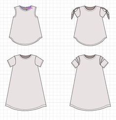 the front and back views of a girls'dress with short sleeves, in three different sizes