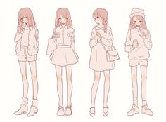 an anime character is standing in different poses