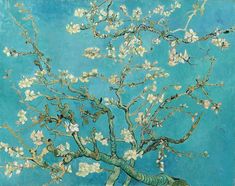 a painting of an almond tree with white flowers on it's branches in front of a blue background