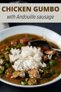 chicken and sausage gumbo with rice in a white bowl