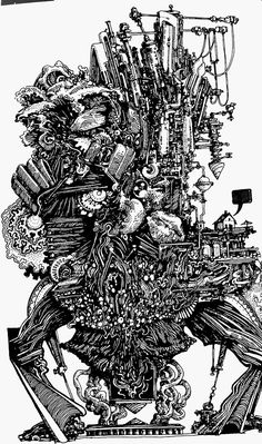 an ink drawing of a bird with many things in it's body