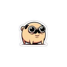 a sticker with a cartoon pug wearing goggles on it's face