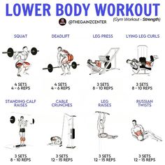 the lower body workout chart shows how to do squats and deadlifts with weights