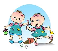 two children playing with toys in front of a blue circle on a white background,