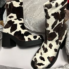 Nwot Cute Cow Print Boots To Add A Lil Bit Of Pizzazz To Your Outfit! I Have The All Black Klayton Boots And They’re Super Comfortable And Versatile, Dress Them Up Or Down! Sadly I Just Have Too Many Shoes And Need To Downsize My Wardrobe White Square Toe Platform Boots For Fall, Trendy Cream Platform Boots With Round Toe, Casual Wide Calf Platform Boots With Square Toe, Trendy Cream Boots Medium Width, Cream Round Toe Boots For Fall, Winter Cream Square Toe Boots, Casual Platform Boots With Almond Toe For Winter, Cream Wide Calf Boots With Round Toe, Casual Almond Toe Platform Boots For Winter