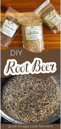 an image of homemade root beer mix in a pot with text overlay that reads diy root beer grow forage cook ferment