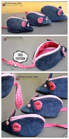 two pictures showing how to sew denim purses with pink polka dots on them