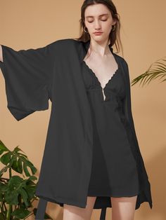 A sexy Japanese yukata robe pajama set with lace dress.2pcs: a short robe and a a dress.- Polyester Charmeuse, silky comfort, machine wash cold.- Removable waist tie closure.- Japanese wide sleeves. - Removable bra inserts.- Lace trim on front dress.- Relaxed fit with a luxurious flowing drape. Elegant V-neck Loungewear Sets, Elegant Summer Night Sets, Elegant Night Sets For Summer, Elegant V-neck Night Sets, Elegant Summer Sleepwear Sets, Elegant Sleep Sets For Summer, Black Long Sleeve Set For Night, Elegant Summer Sleep Sets, Black Long Sleeve Sets For Night