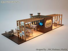 a miniature model of a restaurant with lights on the front and side walls, sitting on top of a wooden platform