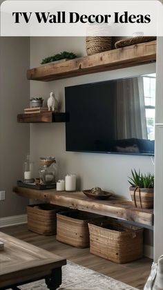 Install floating shelves above and below the TV to display decor items and keep the area organized. Living Room With Tv, Room With Tv, Tv Wall Decor Ideas, Tv Wall Decor, Living Room Partition, Living Room Organization, Wall Decor Ideas