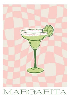 a margarita cocktail with a slice of lime on the rim in front of a checkered background