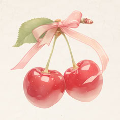 two cherries tied to a pink ribbon with green leaves on them and one has a bow