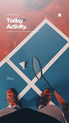 a person holding a tennis racquet on top of a blue and white floor