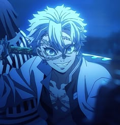 an anime character with blue hair and glasses holding a knife in his hand while looking at the camera