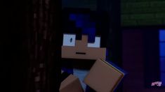 an animated image of a man holding a box in front of a brick wall with the words minecraft on it