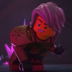 a lego character with purple hair and pink hair