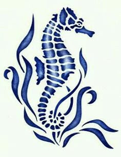 a blue and white seahorse tattoo design on an iphone screen with the caption pin it