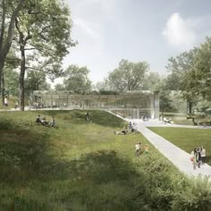 an artist's rendering of a park with people sitting and walking on the grass