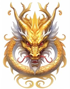 a golden dragon head with red eyes and long horns on it's face, in front of a white background