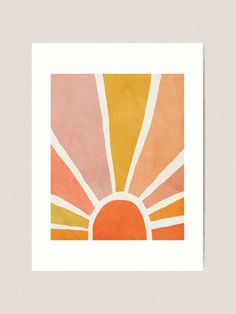 the sun is shining brightly in an orange, yellow and pink color scheme on white paper