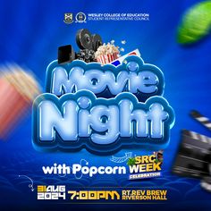 an advertisement for the movie night with popcorn, movies and other things in motion on a blue background