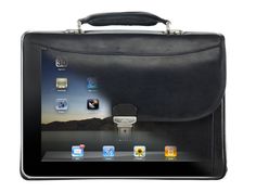 a black briefcase with an ipad on it