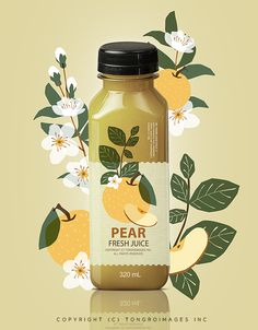 a bottle of pear juice with flowers and leaves around it on a light yellow background