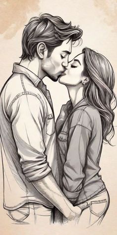 a drawing of two people kissing and one is holding his head to the other's chest