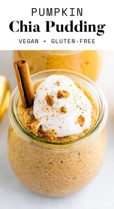 pumpkin chia pudding in a glass jar with cinnamon stick and whipped cream on top