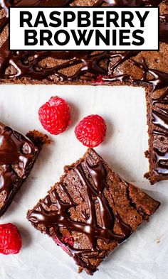 raspberry brownies with chocolate drizzle and fresh raspberries on top