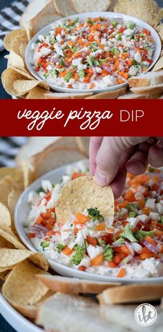 this vegetable pizza dip is loaded with fresh vegetables, cheese, and tortilla chips