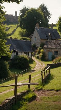 an old farm house with a path leading to it