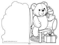 a teddy bear sitting on a chair with a present in front of it and a blank paper