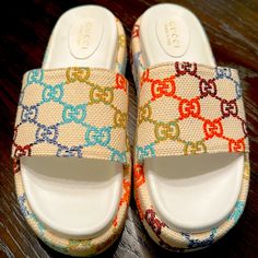 Gucci Slides Size 11 Multi Color Tan, Orange, Blue And Green Gucci Platform Sandals, Gucci Flip Flops, Gucci Platform, Shoe Room, Gucci Slides, Designer Slides, Gucci Sandals, Canvas Sandals, Shoes Gucci