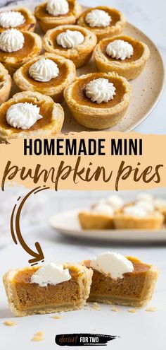 homemade mini pumpkin pies with whipped cream on top and the words homemade mini pumpkin pies below