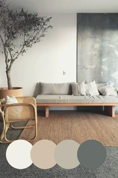 a living room filled with furniture and a tree in the middle of it's floor