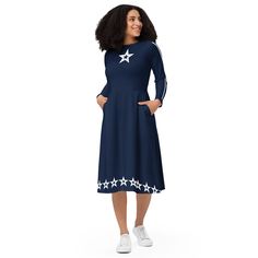 Dallas Fans  - Meet your new BFF dress! Its soft fabric and flattering cut will ensure you feel comfortable and feminine all day long. Plus, the fitted waist and flared bottom part of the dress will accentuate the wearer's naturally beautiful silhouette. The best part about the dress? It. Has. Pockets.   * 95% polyester, 5% elastane (fabric composition may vary by 1%)  * Fabric weight: 6.19 oz/yd2 (210 g/m2) (weight may vary by 5%)  * Premium knit mid-weight jersey fabric  * Midi length  * Long Cowboys Svg, Dallas Cowboy, Set Sail, Sleeve Midi Dress, Boat Neckline, Long Sleeve Midi, Fan Gear, Long Sleeve Midi Dress, Dallas Cowboys