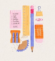 an illustration of pencils, rulers, and other items