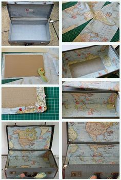 an open suitcase sitting on top of a table next to other pictures and instructions for making it