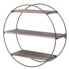 three tiered metal and wood shelf with circular design on the bottom, two shelves below