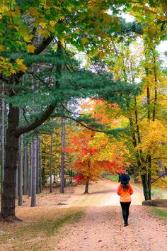 a woman walking down a dirt road surrounded by trees with leaves on the ground and in front of her