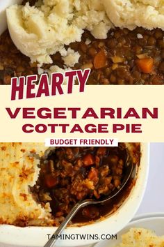 hearty vegetarian cottage pie with mashed potatoes and carrots in a white bowl