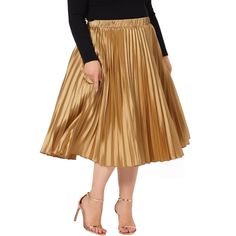 A plus size brand inspired by customer needs. It can suit you on various occasions, showing your perfect curves through appropriate tailoring, and the comfortable fabric allows you to enjoy a pleasant experience. This skirt is made from stretch fabric to ensure comfort and flexibility. It stretches easily to adapt to the curves of your body without restricting your movement. This Women's Plus Size Pleated Skirt Stretch High Waist Metallic Midi Skirt is a stylish and comfortable choice. Whether i Gold Satin Skirt, Plus Size Pleated Skirt, Midi Circle Skirt, Metallic Midi Skirt, Perfect Curves, Plus Size Brands, Plus Size Halloween, Professional Wardrobe, Velvet Skirt