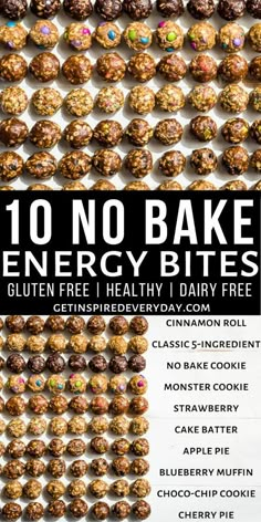 there are no bake energy bites on the table and in front of it is an advertisement for gluten free