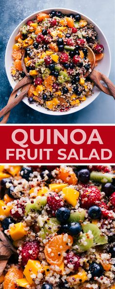 quinoa fruit salad in a white bowl with wooden serving utensils on the side