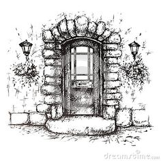 an old brick wall with a door and two lanterns on it, hand drawn in ink