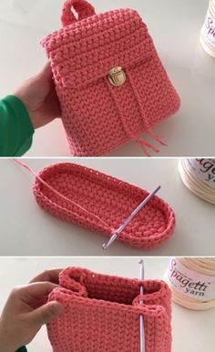 the crocheted purse is being made with yarn